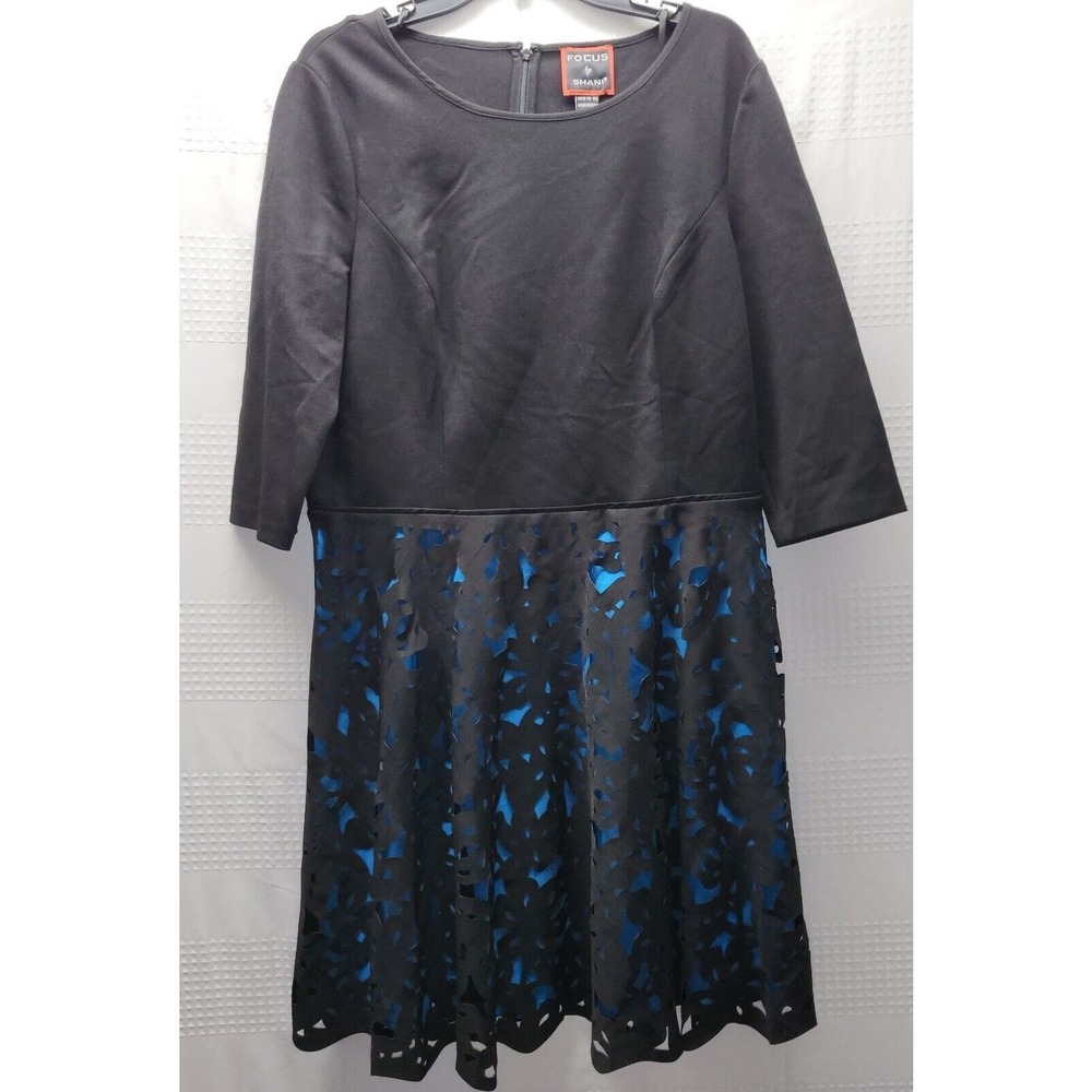 FOCUS BY SHANI Dress 16 Black Blue Laser Cut Fit & Flare Midi Floral 3/4 Sleeve